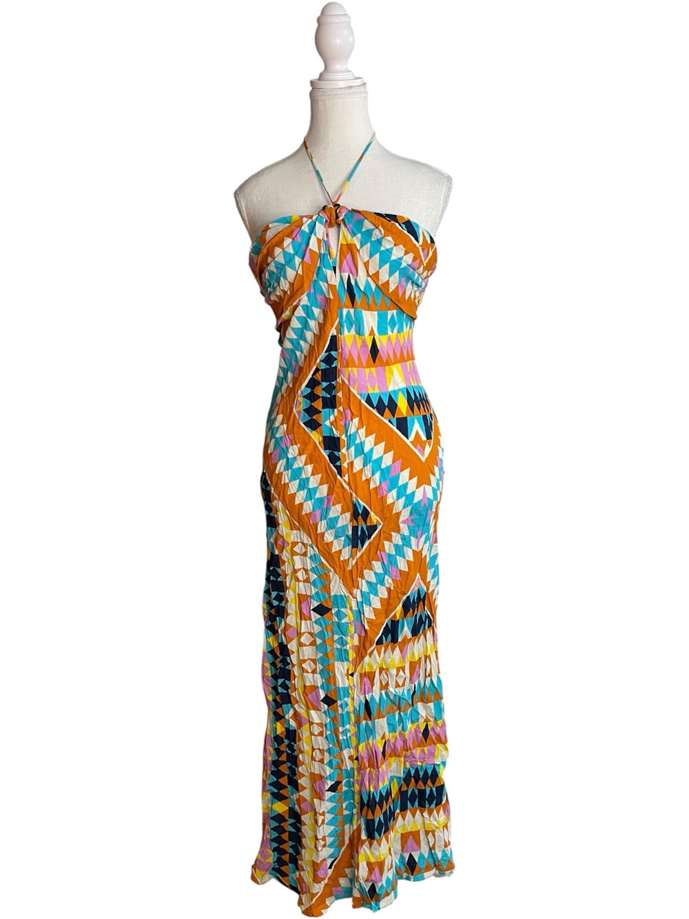Zara Printed Halter Midi Dress Orange Blue